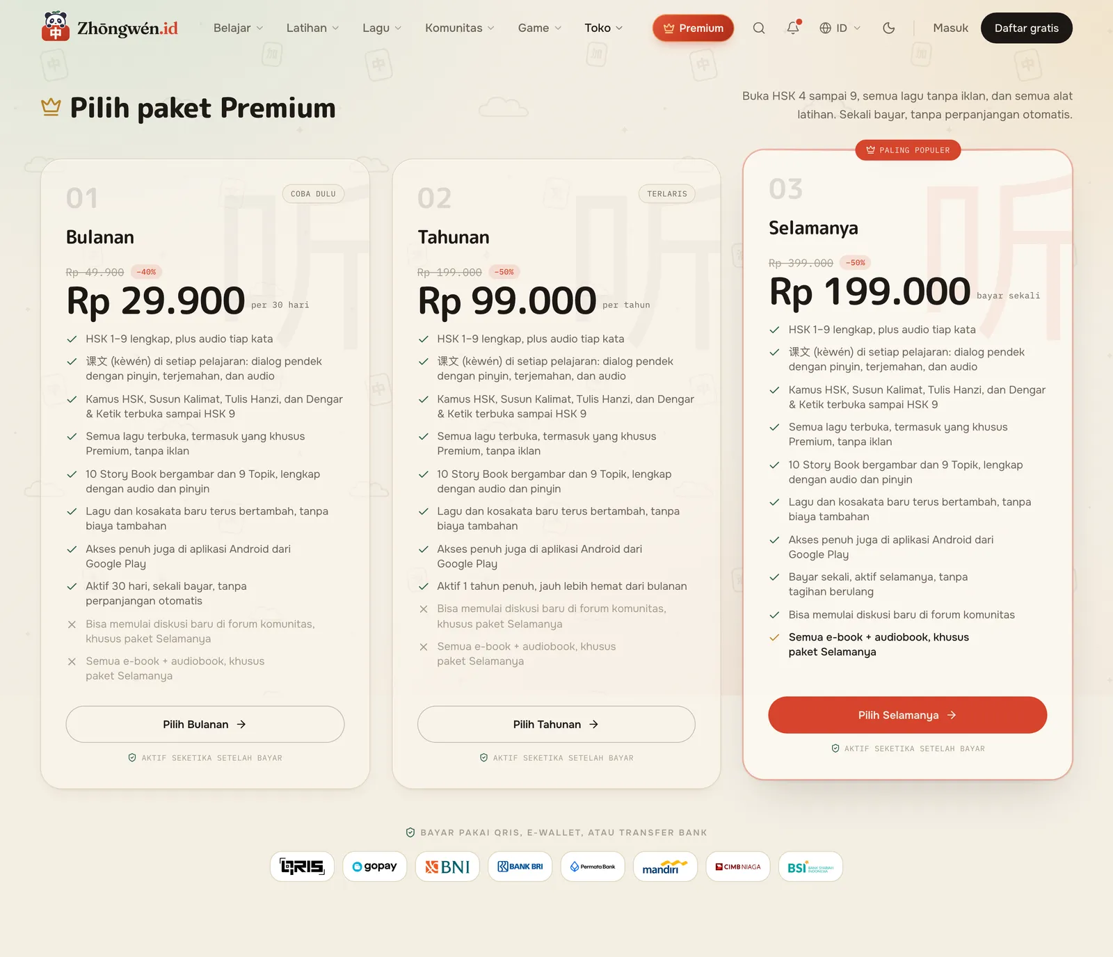 Halaman Premium dengan tiga paket dan logo metode pembayaran di bawahnya