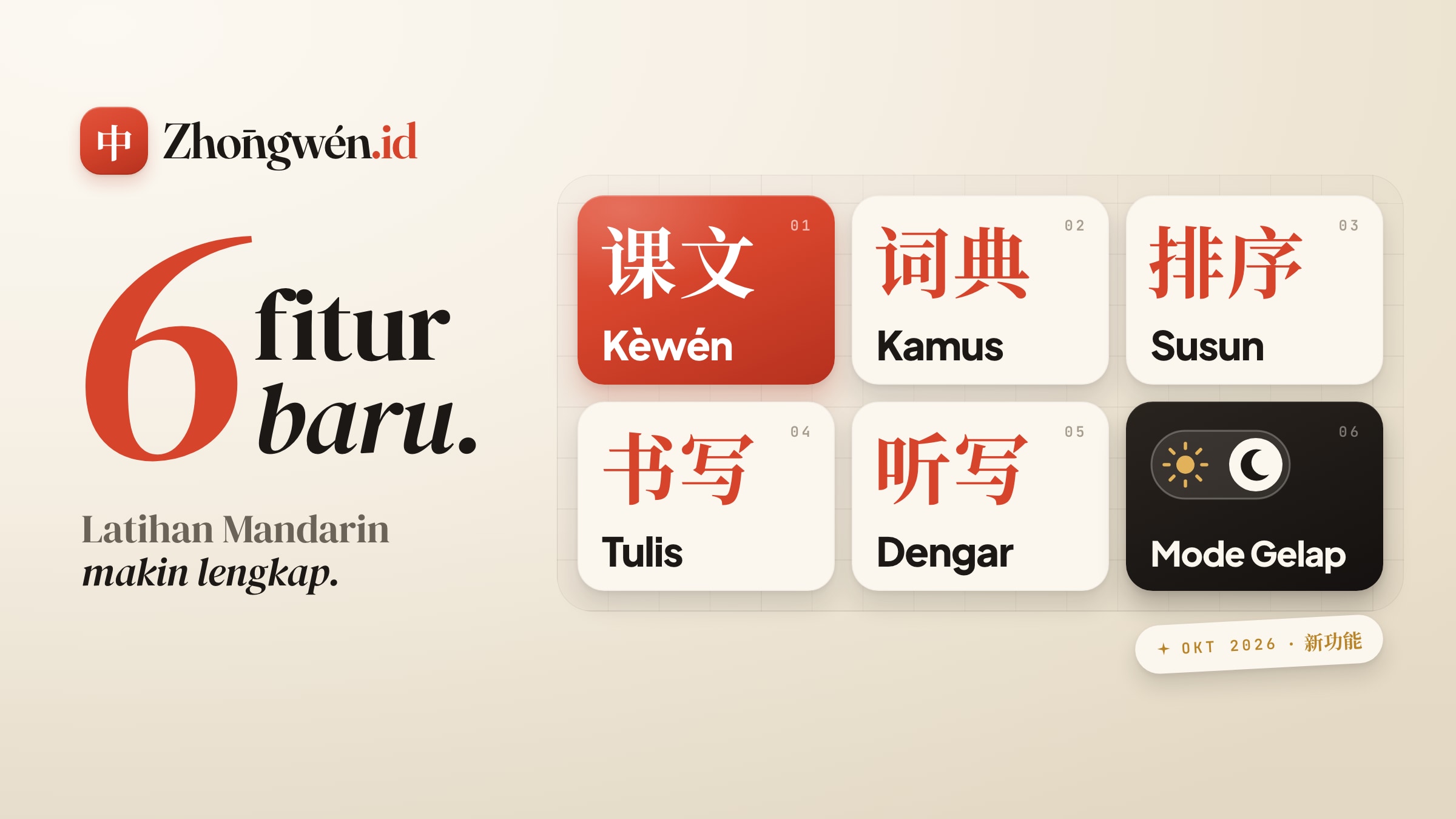 Fitur Baru Zhongwen.id: Kèwén, Kamus, Susun, Tulis, Dengar, dan Mode Gelap